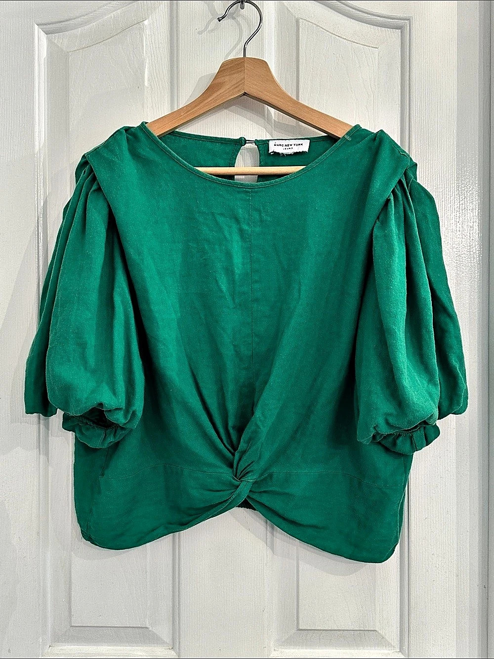 Marc New York Green Puff Sleeve Knot Front Top